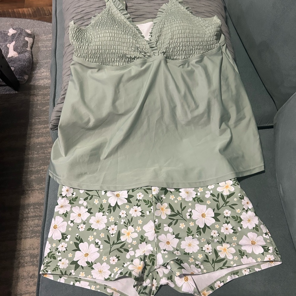 Green and White Swim Tankini with Floral Boy Shorts